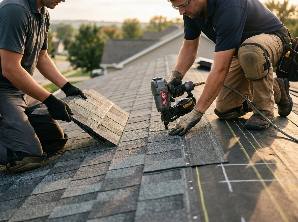 Professional roofer working on a residential roof in State College